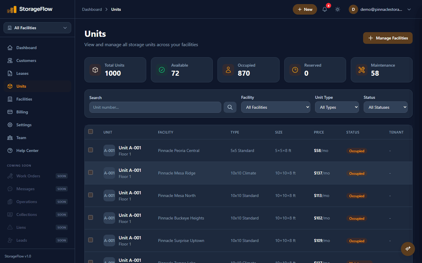 Unit Management (dark mode)